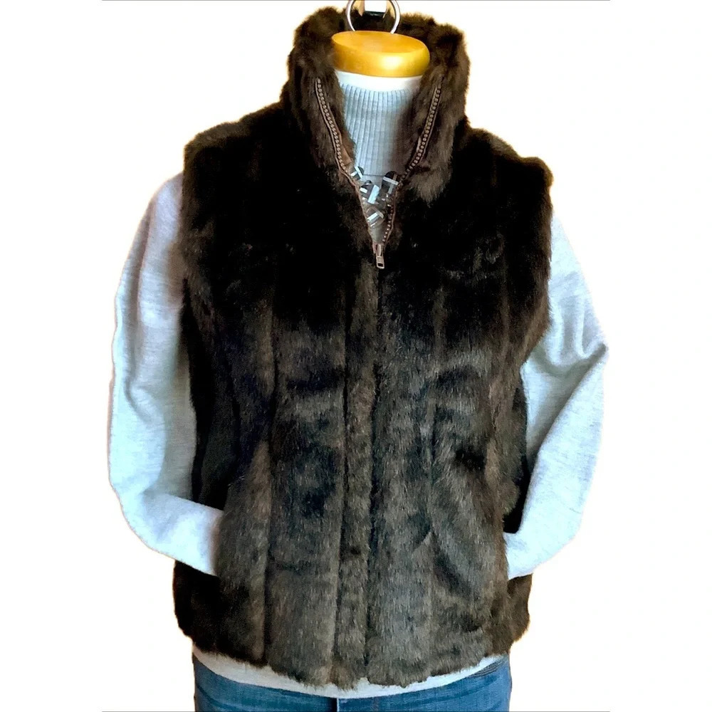 LE CHATEAU Faux Mink Fur Cropped Vest Brown Zip Front High Neck S